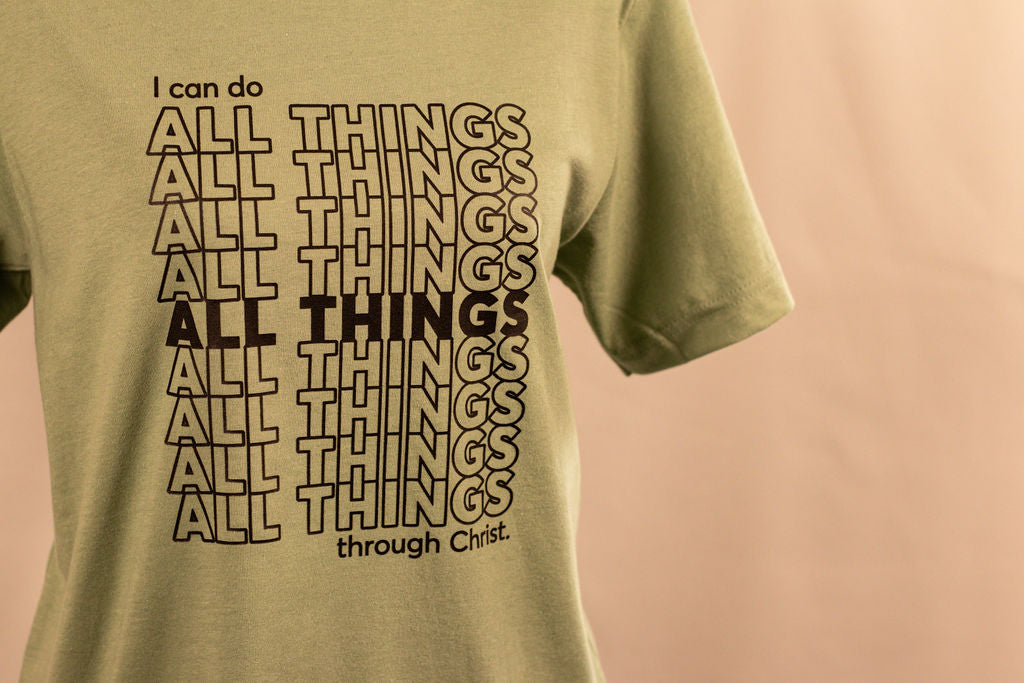 All Things ss tee- Sage with black text