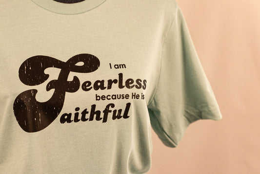 Fearless Because He is Faithful tee- Dusty Blue