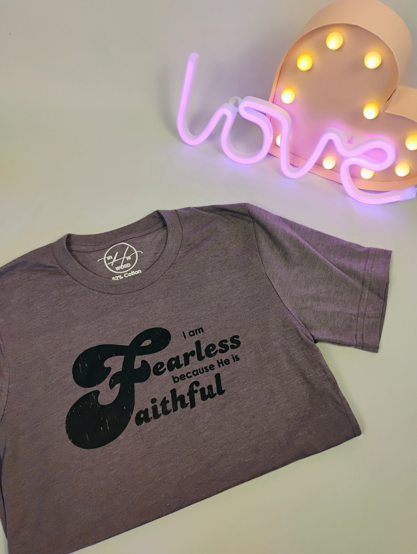 Fearless because He is faithful heather purple ss tee