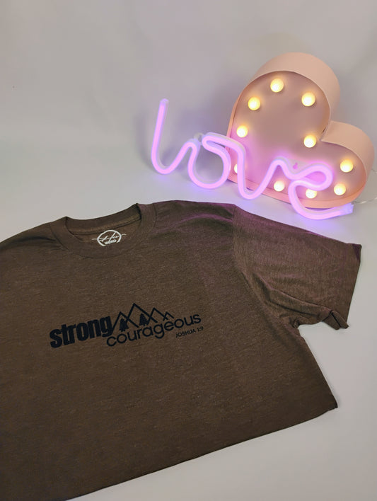 Strong & Courageous tee w/ Mountains Heather Brown