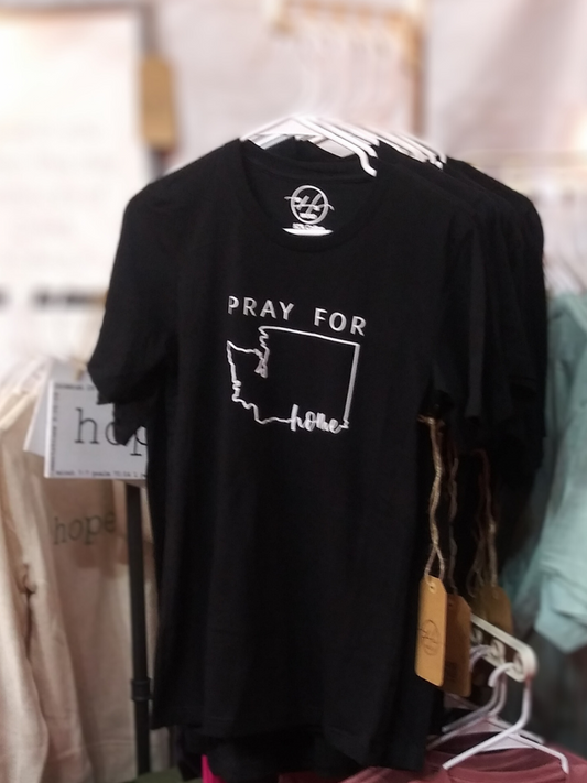 Black short sleeve t-shirt white writing that says Pray for home with the outline of Washington state