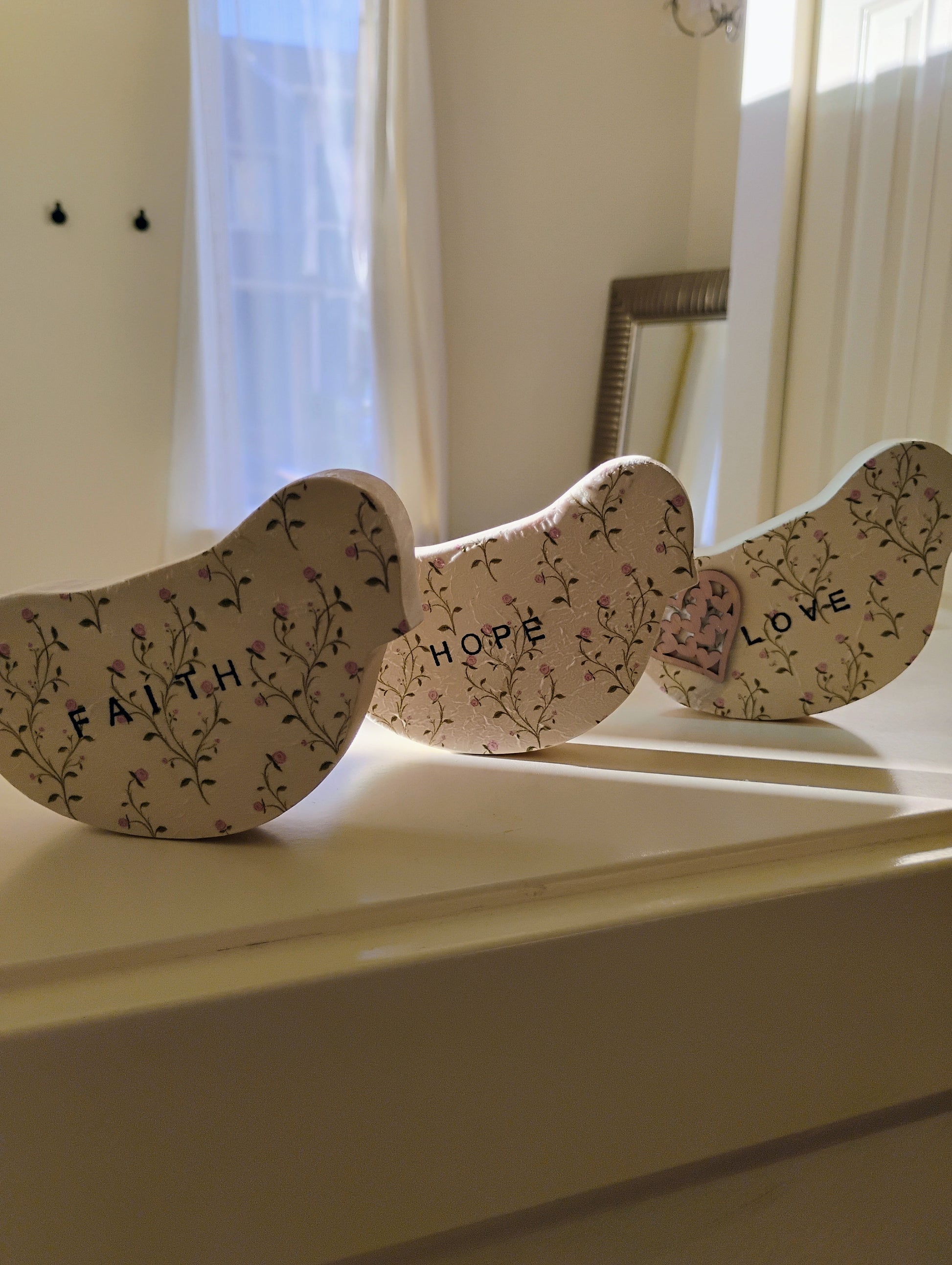 Faith, Hope, Love wood bird set